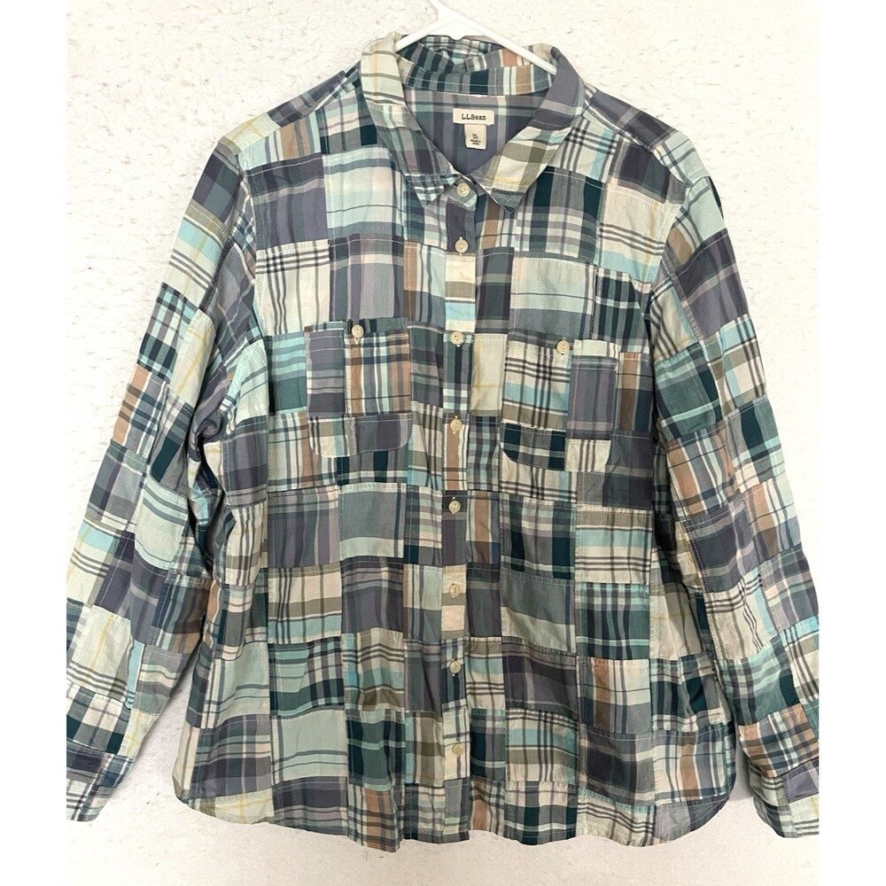 LL Bean Patchwork Plaid Button Front Top Shirt Blue Green Cotton Women XL Petite